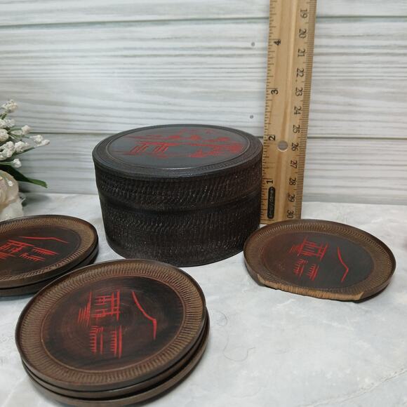 Vintage '60s MCM Japanese Carved Wood Coaster Set w/Matching Box *1 is Chipped* - Picture 8 of 8